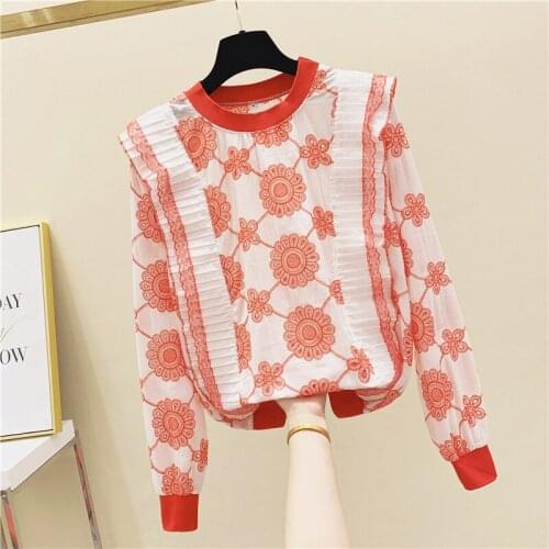 Lady Sweatshirt 2020 Autumn New Female Top Embroidered Floral Lace Panel Ruffles Round Neck Pullover Hoody Womens Hoodie
