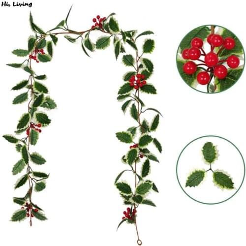 1.7m Artificial Holly Leaf Vine Christmas Rattan Berry Flower DIY Garland Wreath Home Hanging Ornament for Party Xmas Decor