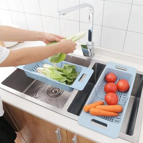 3 Pack Expandable Colander Fruits Vegetables Drain Basket Drying Rack Adjustable Strainer over the Sink for Kitchen Blue