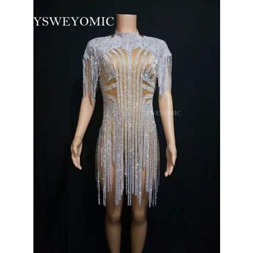 Sexy Silver Bling Rhinestones Fringes Bodysuit Birthday Celebrate Costume Female Singer Bling Tassel Leotard Stage Dance Wear