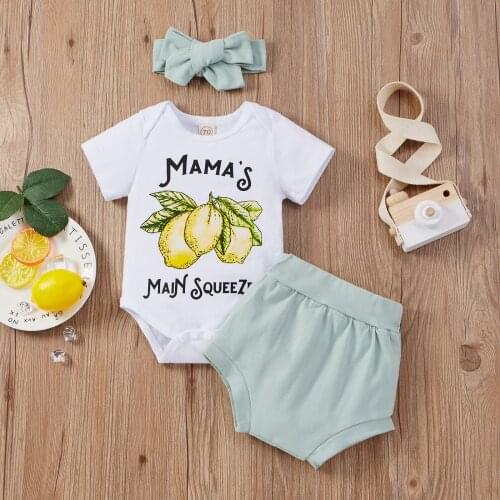 Pudcoco 3Pieces Baby Suit Letter Lemon Print O-Neck Short Sleeve Romper+ Solid Color Short Pants+ Headband, 0-24 Months