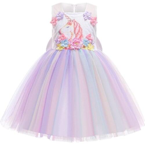 Kids Unicorn Dress for Girls Flower Printing Ball Gown Little Girl Princess Dresses Elegant Party Costumes Children Clothing 2Y