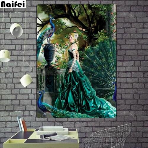 Diy Diamond Painting Cross Stitch Romantic girl and peacock full square Round Rhinestone Diamond Embroidery Diamond Picture