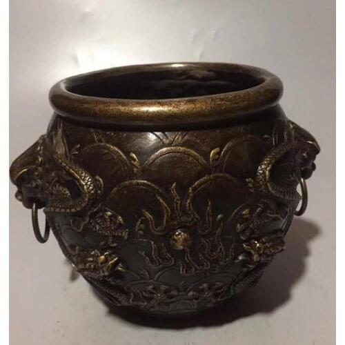 Collection Chinese Hand-carved God Dragon Water Jar Wine Jar Home Decoration