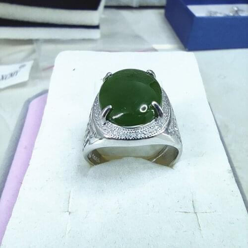 KJJEAXCMY Fine Jewelry Genuine 925 Sterling Silver Inlaid Natural Jasper Spinach Green Mens Ring 12x16mm Retro