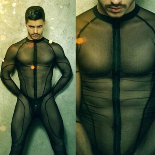 Man Mesh Catsuit Teddy Bodysuit Black Transparent Erotic Lingerie Bodysuits Body Wear One Piece Jumpsuit