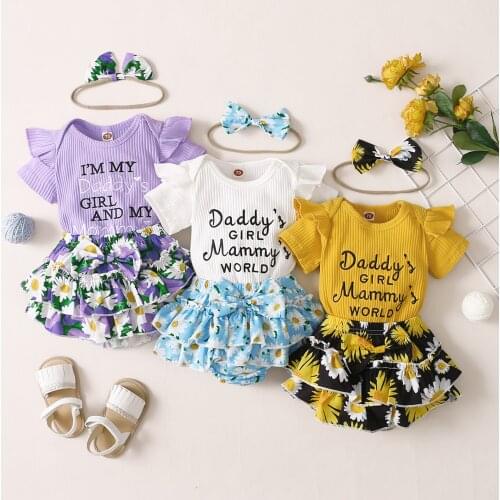 2021 3Pcs Baby Girls Outfit, Summer Fly Sleeve Round Collar Letter Romper + Floral Printing Pantskirt + Bow Headwear Set