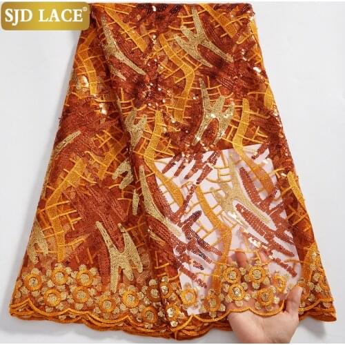 SJD LACE 5Yards Bridal Materials African Lace Fabric Caramel Sequins Nigerian French Tulle Laces Fabric For Wedding Dress A2576