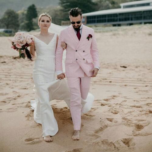 Summer Wedding Pink Linen Men Suits for Beach Party Groom Tuxedos Slim Fit Terno Masculino Casual Costume Homme 2Piece Coat Pant