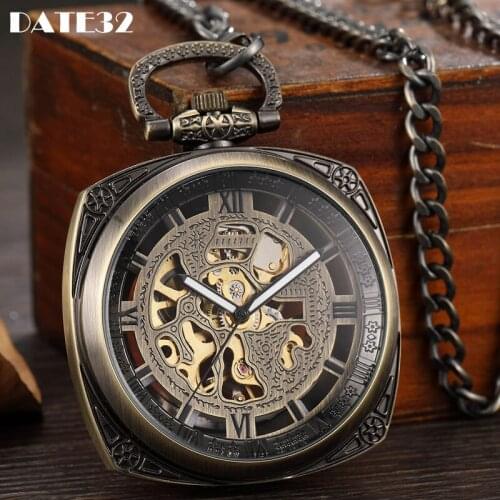 Mechanical Pocket Watch Antique Skeleton Bronze Fob Chain Square Case Hanging Waist Clock with Gift Box for Men Dropshipping