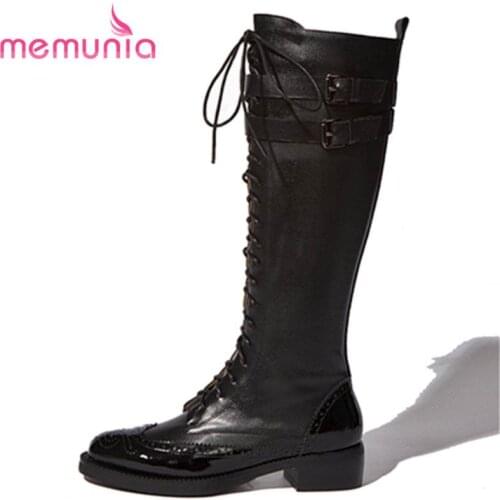 MEMUNIA 2020 NEW fashion genuine leather+quality PU knee high boots women zip lace up buckle square med heel boots casual shoes