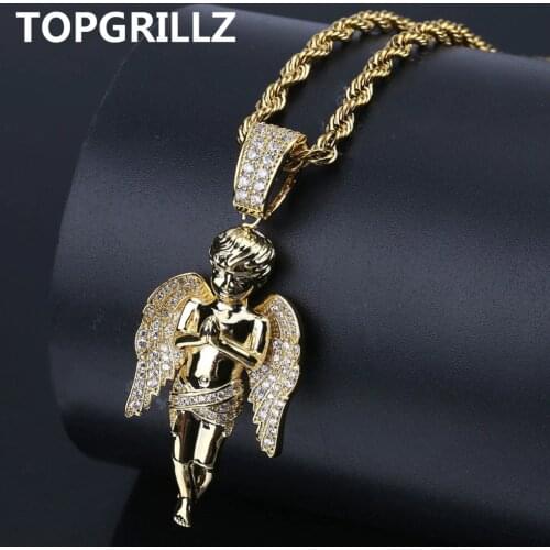 TOPGRILLZ HipHop Men Women Necklace Gold Color Plated Iced Out Micro Pave CZ Stone Angel Pendant Necklaces Lovesblessing Gifts