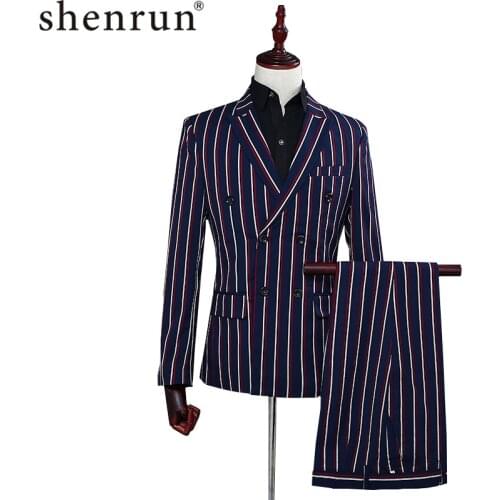Mens Fashion Slim Fit Suits Blue Stripe Blazer Pants Two Piece Double Breasted Grooms men Casual Wedding Prom Stage Skinny Suit