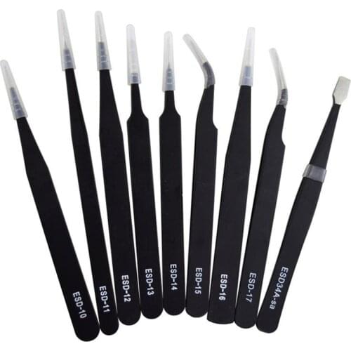 9PCS ESD Stainless Steel Tweezers Kit Precision Anti-static Maintenance Tools Precision for Electronics Jewelry Phone Repairing