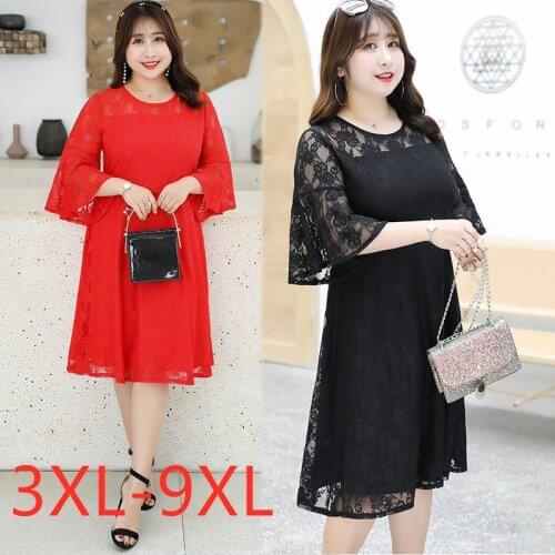 New 2021 summer plus size dress for women large short sleeve loose lace pleated dress black red 3XL 4XL 5XL 6XL 7XL 8XL 9XL