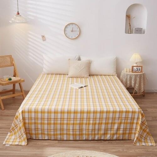 100% Cotton Plaid Bed Sheet Solid Washable Elastic Flat Sheets No Fade No Pilling Durable Bedspreads For Double Queen King Bed