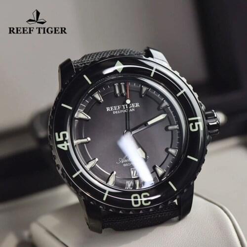 Reef Tiger/RT Super Luminous Automatic Mechanical Watches Men Black Steel Case Nylon Strap Waterproof 200M Dive Watch with Date