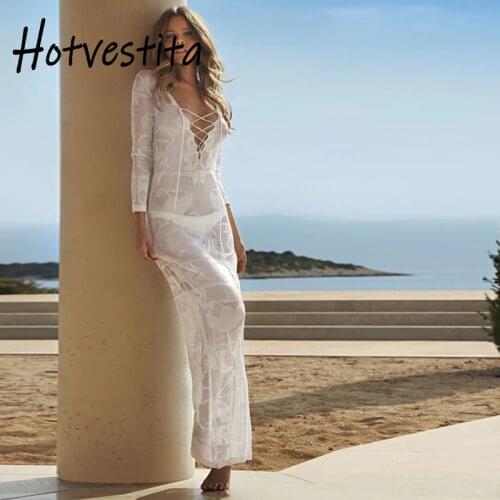 Hotvestita Sexy V-Neck See Through Mesh Swim Wear Knitted Tunic Long Sleeve Bikini Cover Up Womens Sarong Beach Wrap Maxi Dress