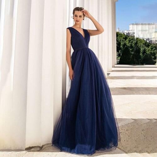 Sexy Pleated Tulle A Line Evening Dresses Deep V Neck Sleeveless Dots Net Gown Lace Up Corset Long Prom Dress