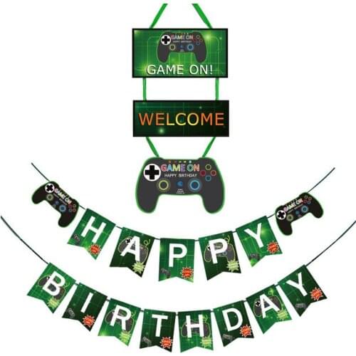 Playing Games Themed Kids and Boys Birthday Party Decorations Video Game HAPPY BIRTHDAY Banner GAME ON Welcome Hanging Decor