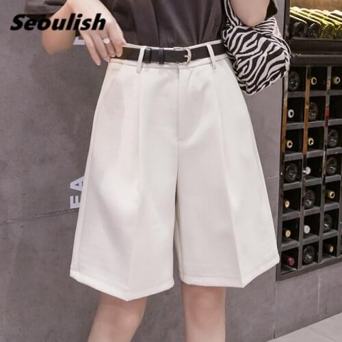 Seoulish 2021 New Summer White Womens Suit Pants with Belted High Waist Office Lady Wide Leg Half Pants Elegant Loose Trousers