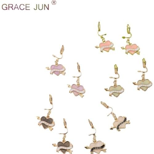 GRACE JUN 5 Colors Available Gold Color Heart "Love" Shape Clip on Earrings Non Piercing for Women Girl Cute Small Clip Earrings