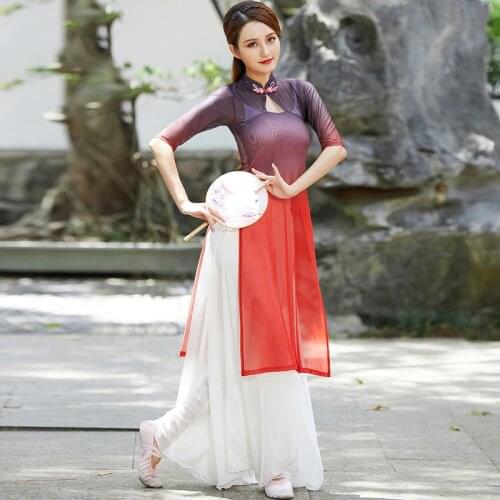 Classical Dance Clothing Female Elegant Mesh Gauze Cheongsam Belly Dance Practice Dresses Oriental Dance Stage Outfit DQL3988