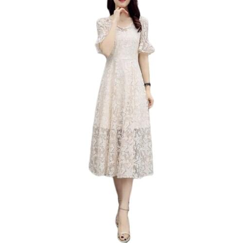 Lace dress women apricot S-3XL plus size 2020 summer new Korean v neck slim black flare short sleeve maxi dresses feminina LR825