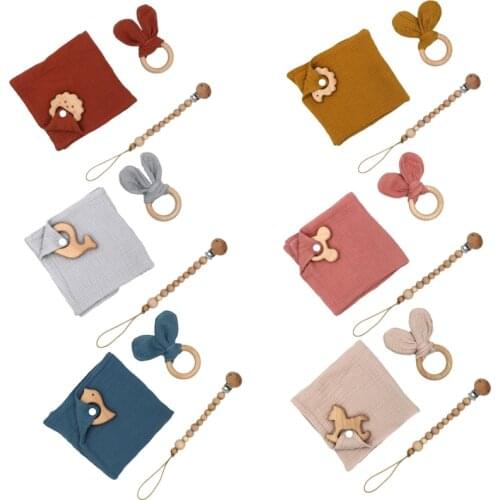 100% muslin cotton baby comforting towel bunny teether wooden ring newborn pacifier chain baby teether set