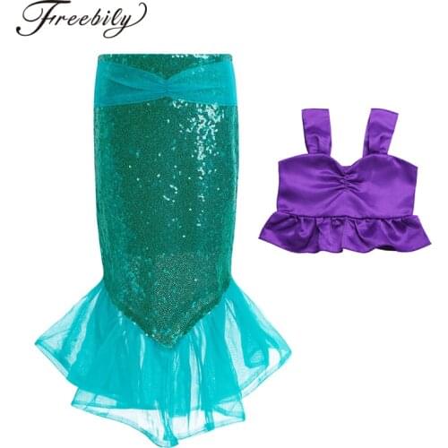 2PCS Kids Girls Shinny Sequins Mermaid Tails Party Costume Outfits Top+Skirt Swimming Dress for Childrens Summer Clothing