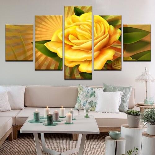 5 Panel HD Printed Flower Pictures Frame Canvas Natural Landscape Yellow Rose Painting Living Room Home Wall Artwork Decor