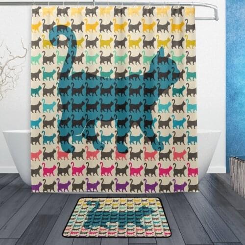 Abstract Colorful Cat Silhouette Waterproof Polyester Fabric Shower Curtain with Hooks Doormat Bath Floor Mat Bathroom Home