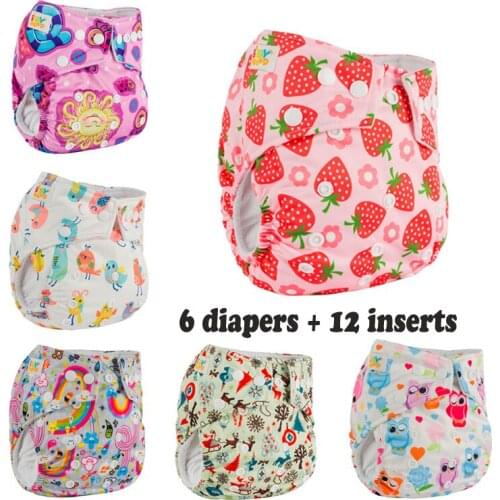Babyfriend New Cute Prints Adjustable Baby Kids Cloth Pocket Diapers 6 Cloth Diaper Nappies with 12 Reusable Diaper Liners
