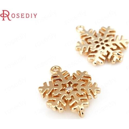C324)4 pieces 12x15mm 24K Champagne Gold Color Brass + Zircon Snowflake Charms Pendants High Quality Diy Jewelry Accessories