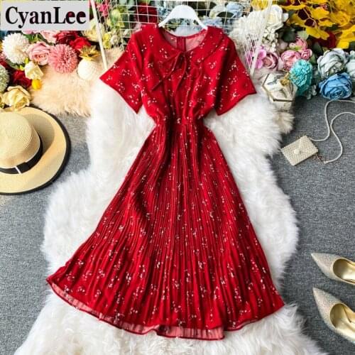 Cyanlee Sweet Women Floral Dress Vestidos Mujer 2020 Summer Peter Pan Collar Vintage Beach Dresses Ladies Casual Pleated Robe