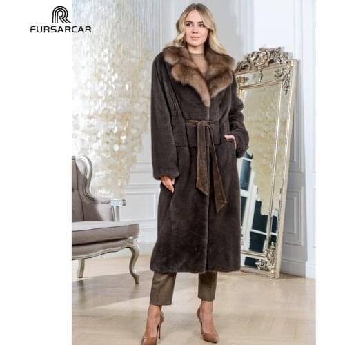 FURSARCAR Natural Real Mink Fur 120 CM Long Coat Fur Collar With Belt Women Winter High Street Jacket Real Mink Fur Overcoats