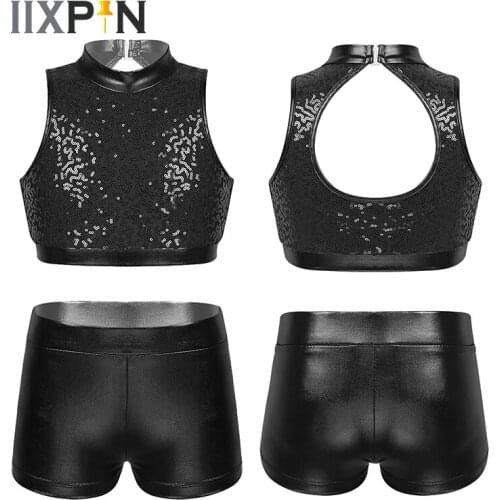 Girls Sparkly Sequins Tap Hip Hop Jazz Dance costume ballet Dancewear Sleeveless Cutout Back Crop Top with Metallic Bottoms
