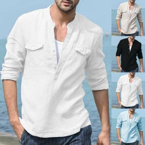 Men Baggy Cotton Linen Pocket Solid Long Sleeve Retro Top Comfort Blouse