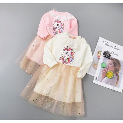2021 New Unicorn Toddler Girls Dresses Autumn Splicing Mesh Girls Princess Dresses Fashion Cartoon Childrens Clothing 3-8 Years