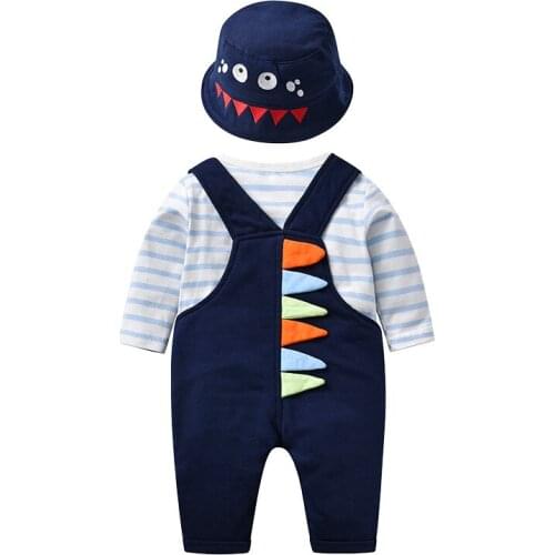 New Spring Baby Boys Strip Romper and Solid Color Overalls(2 pcs without Hat)
