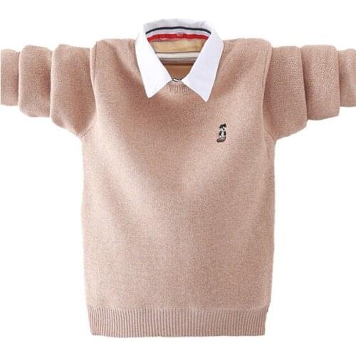 Boys pullover fake two-piece knitted sweater new spring/autumn/winter big kids plus cashmere warm bottoming shirt