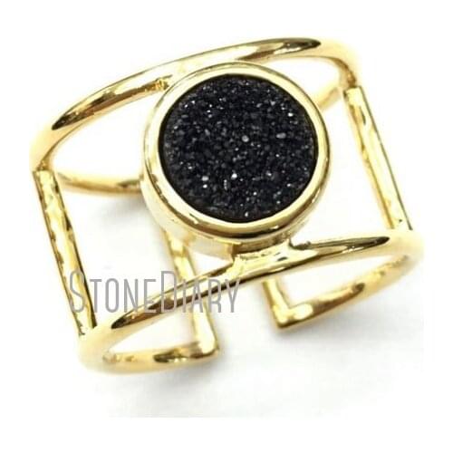 RM12700 Designer Double Wrapped Titanium Black Druzy Crystal Gold Color Round Shape Ring Copper Ring Adjustable