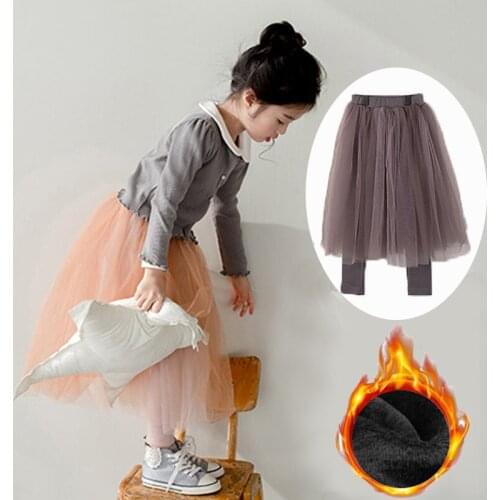 Princess Girls Mesh Skirt Pants Plus Velet Warm Lace Dress Pants Fall Clothes for Kids Winter Girls Leggings
