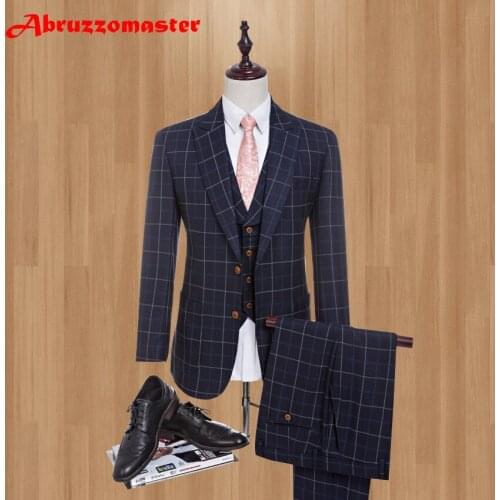 High Quality 3 Pieces Brand Peaked Lapel Men Suits Plaid Suits for Wedding Groom S-4XL Fashion Slim Fit Business Suit Men