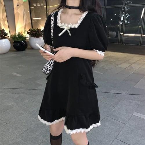 Japanese Sweet Kawaii Elegant Black Women Dresses 2020 Summer College Style Cute Lace Square Collar Ruffles Fairy Dress Vestidos