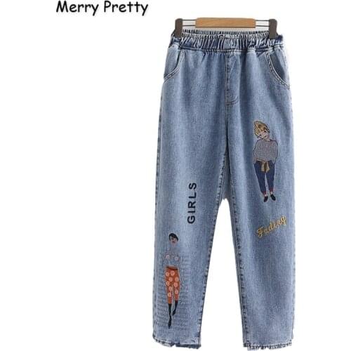 Merry Pretty Women Jeans Pants Character Embroidery Harajuku Denim Pants 2019 Winter Elastic Waist Straight Pockets Jean Pants