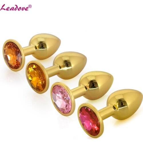 100pcs/lot Medium Size Golden Color Stainless Steel Crystal Jewelry Anal Stimulating Sex Toy Anal Plug For Women Man GS0304
