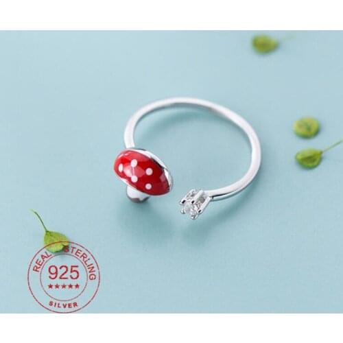 925 Sterling Silver Enamel Red Mushroom Finger Rings for Women CZ Wedding Party Open Adjustable Ring Fine Jewelry Lovers Gifts