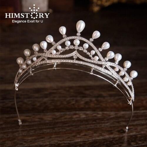 Himstory High Grade Pearl Hair Crown Full Zircon Wedding Headdress Bride Hair Ornaments Wedding Dress Accessories Girls Gift