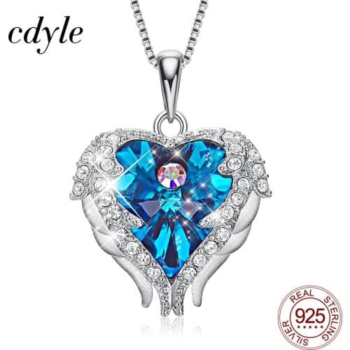 CDE Top Quality 925 Sterling Silver Jewelry Fashion Women Four Colors Crystal Heart Angel Wing Pendants Necklace Wholesale